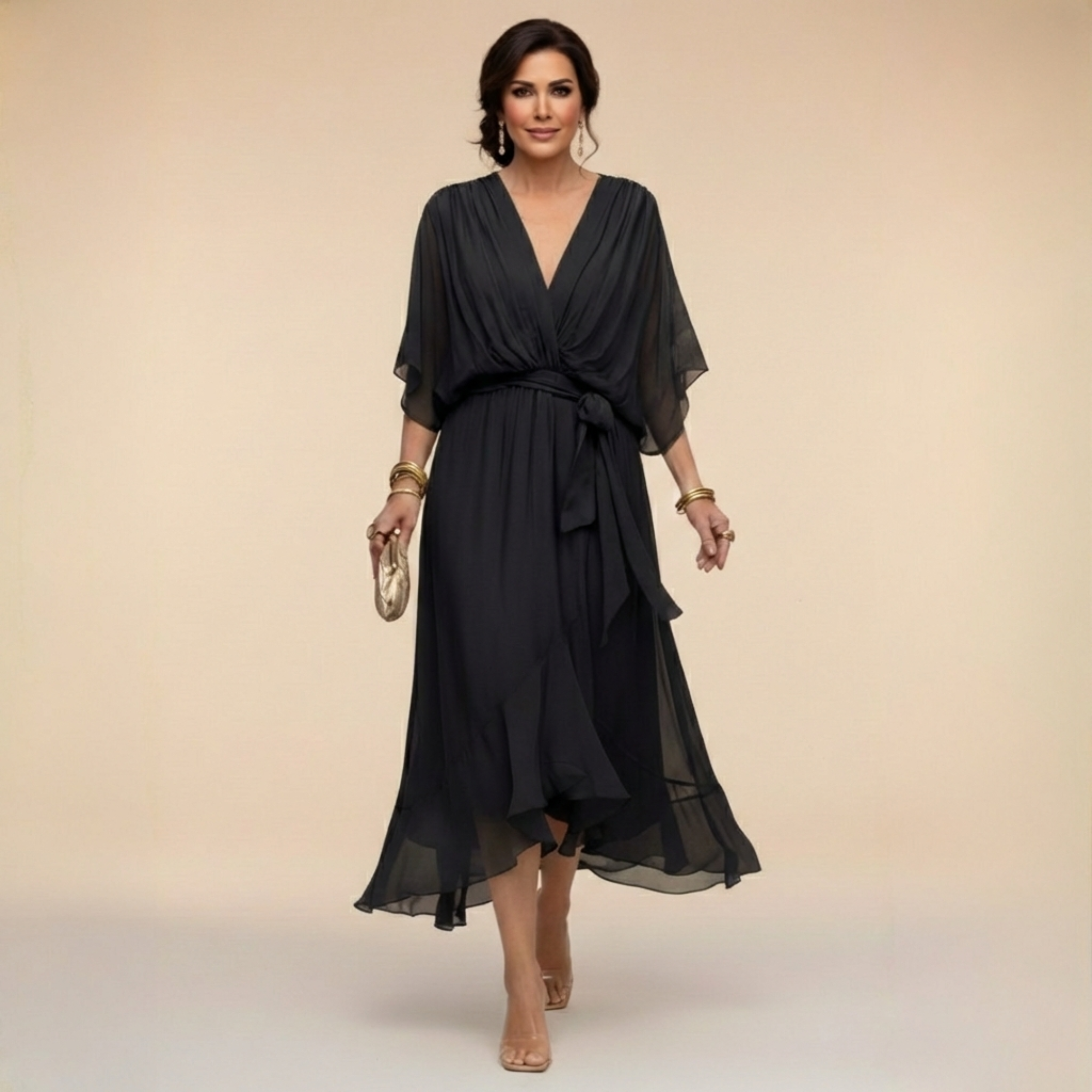 VESTIDO DE CHIFFON CON ESCOTE EN V