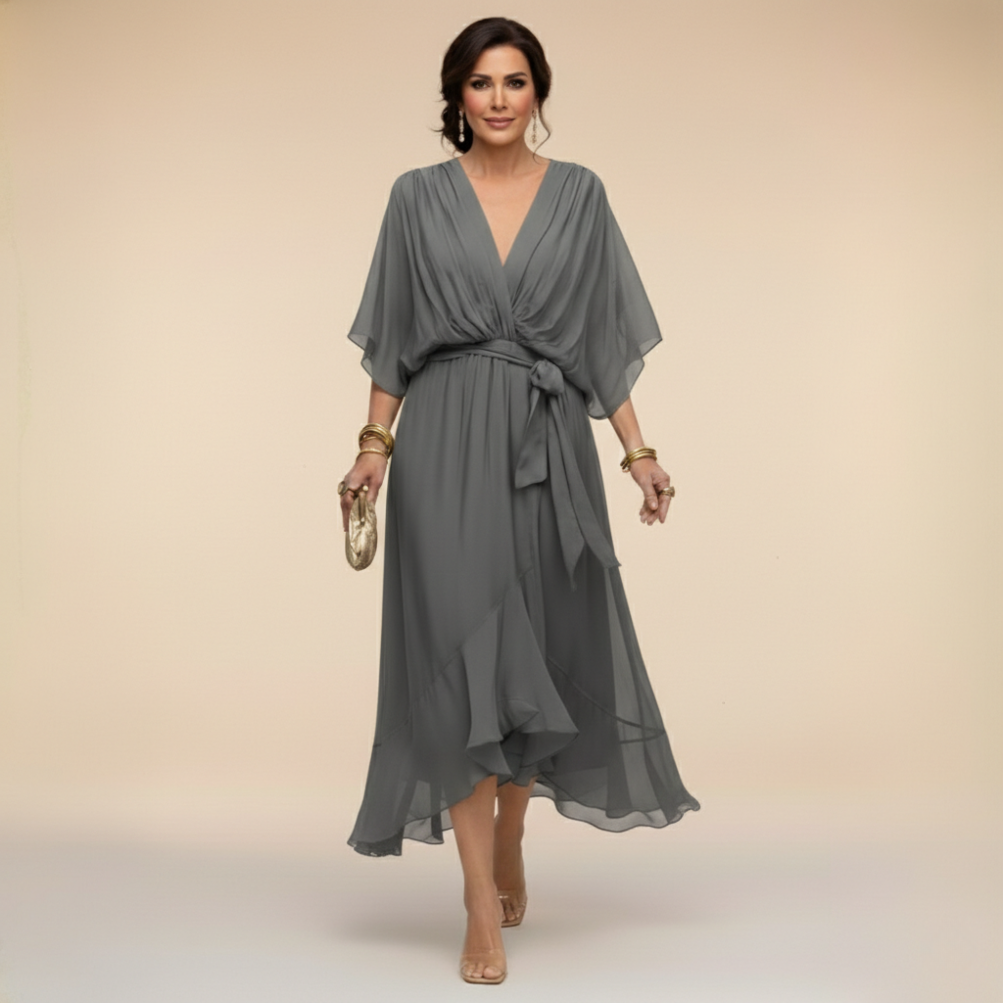 VESTIDO DE CHIFFON CON ESCOTE EN V