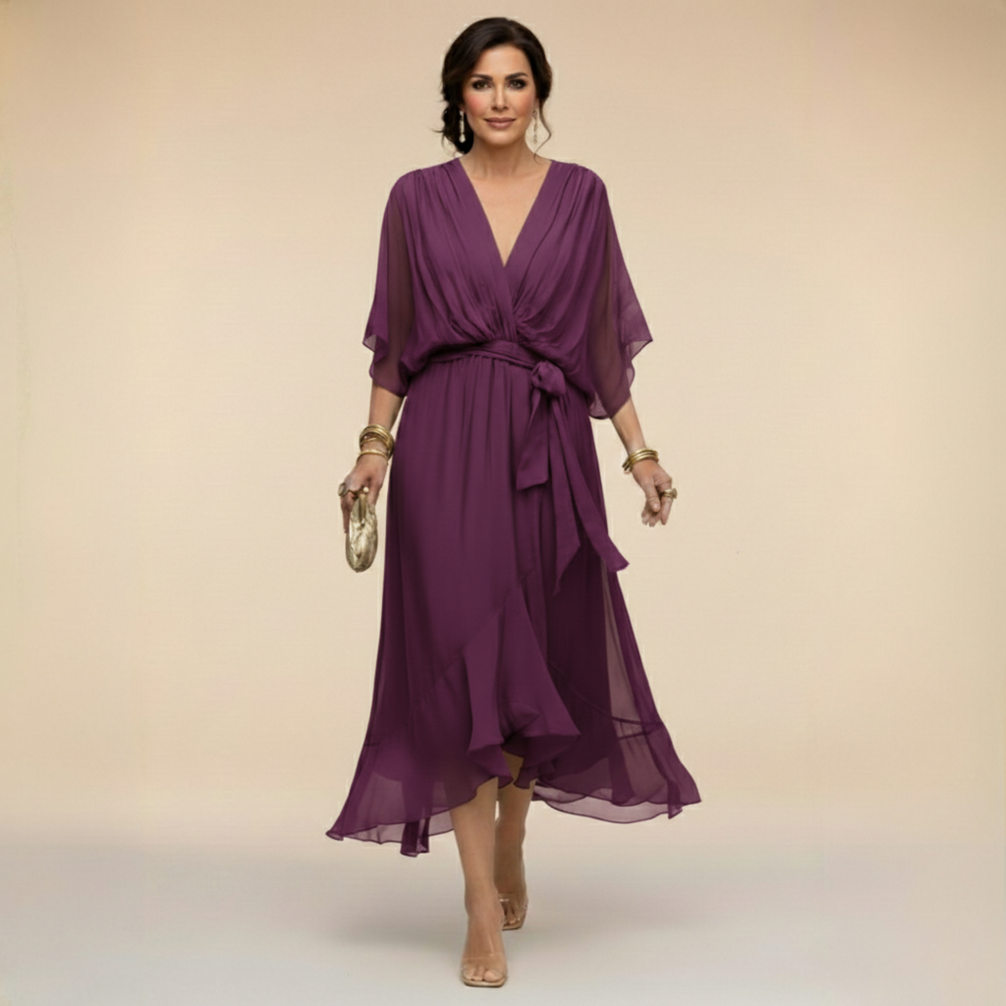 VESTIDO DE CHIFFON CON ESCOTE EN V