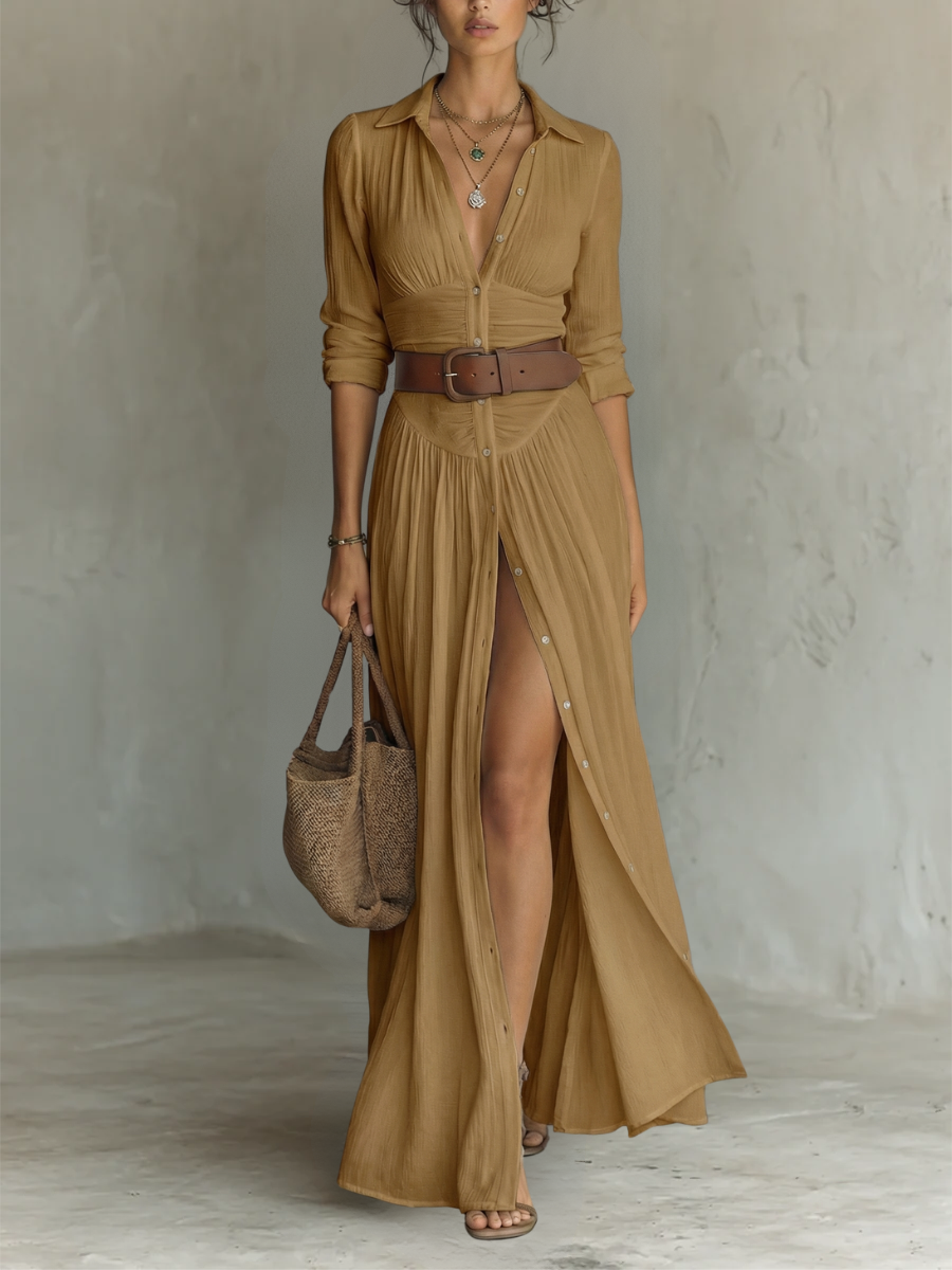 Vestido Maxi Largo con Cuello de Solapa y Mangas Largas de Lino para Mujer