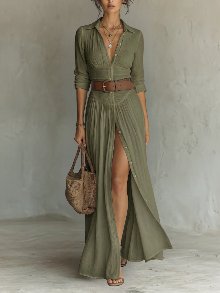 Vestido Maxi Largo con Cuello de Solapa y Mangas Largas de Lino para Mujer