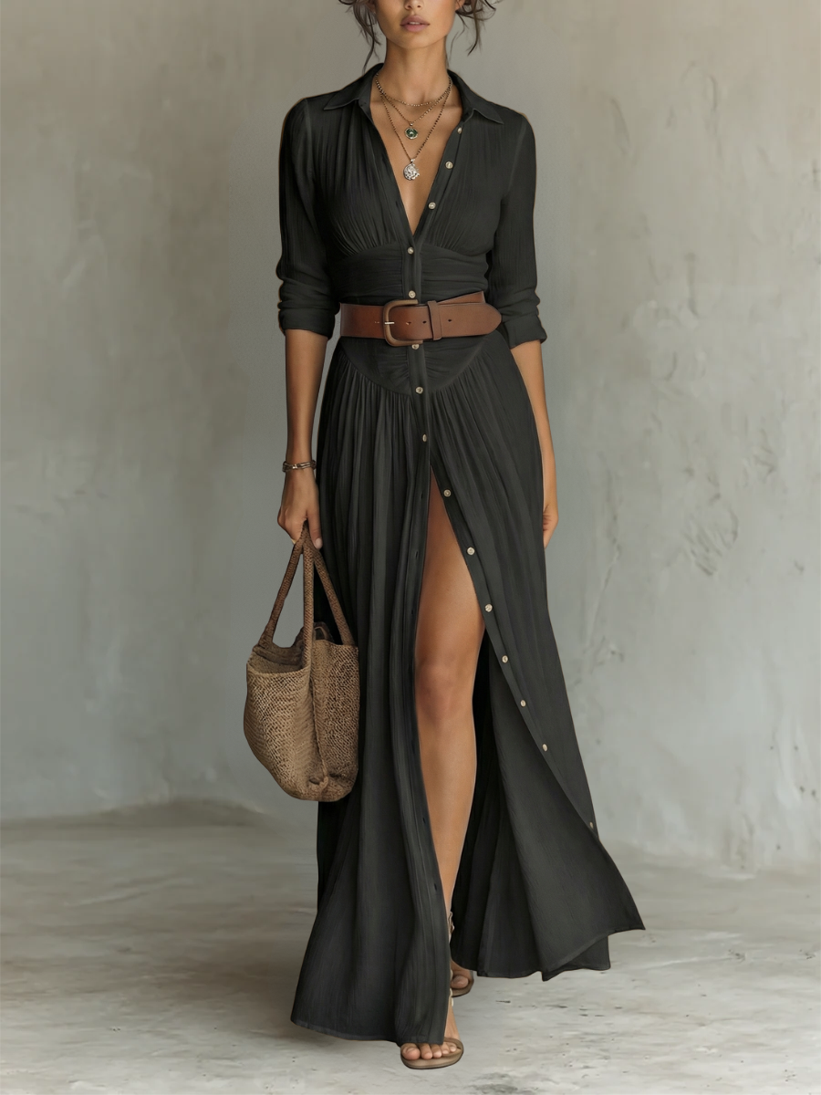 Vestido Maxi Largo con Cuello de Solapa y Mangas Largas de Lino para Mujer